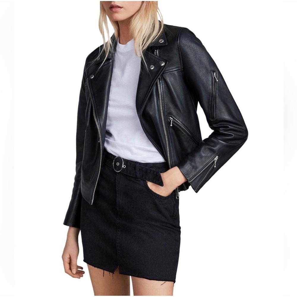 AllSaints Prescott Biker Jacket Sz 2 Black NWT Leather Moto Edgy Viral Luxury